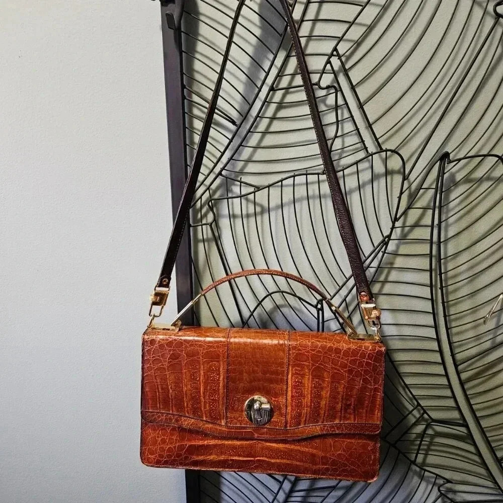 Vintage Rare Venezuelan Leather Animal Pattern Gold  Hardware Shoulder Bag